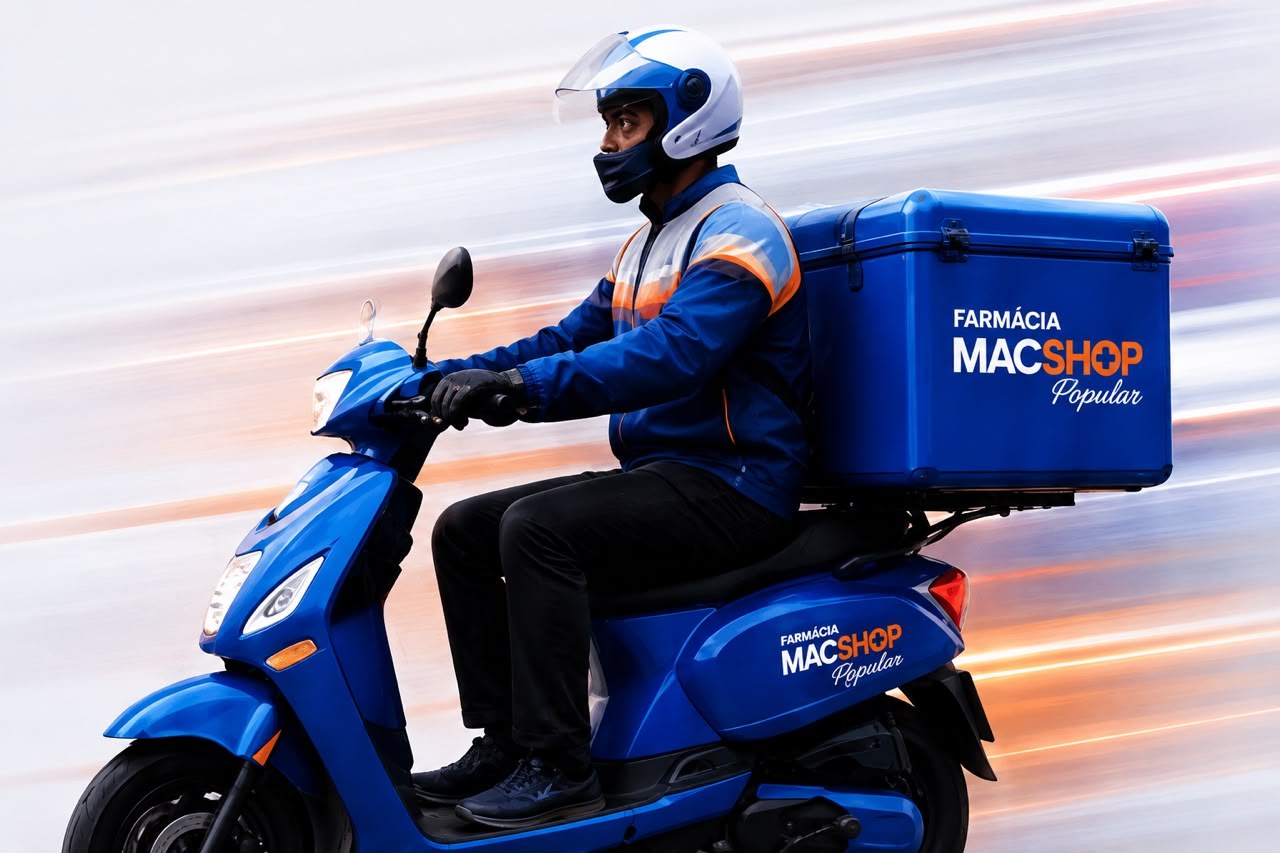 Entregador da Mac Shop Popular em moto azul, uniforme completo, baú de entrega com a marca Mac Shop